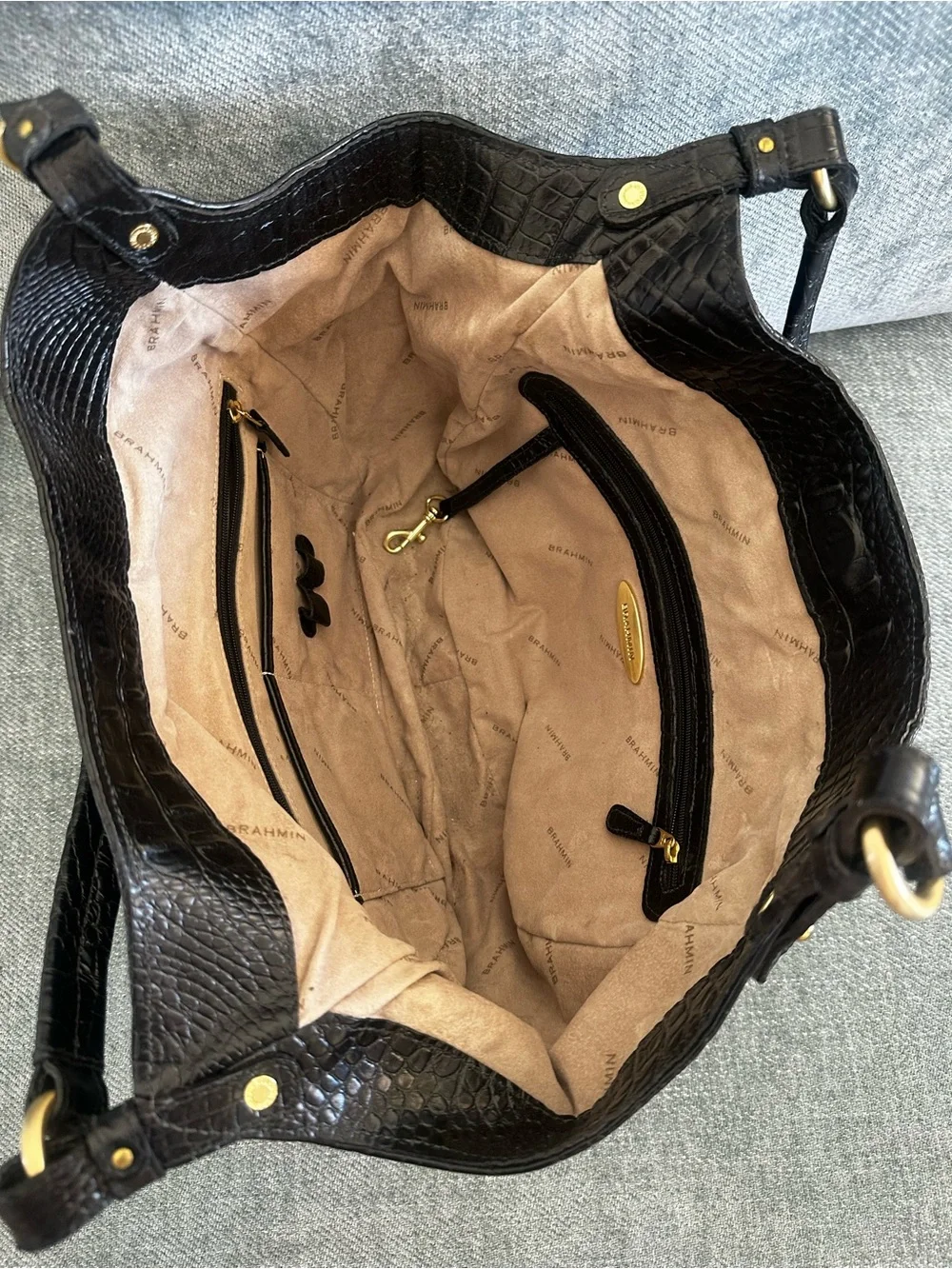 Brahmin Black Croc-Embossed Shoulder Bag with Gold Accents